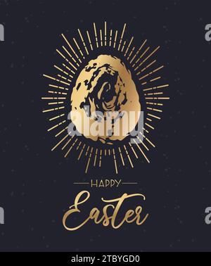 Happy Easter. Square black banner, golden shining chocolate eggs in grunge style. Vector illustration for advertising banner, website, poster, sale fl Stock Vector