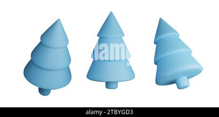 Set 3d blue Christmas tree . Glossy New year and xmas abstract tree shapes. Stock Vector