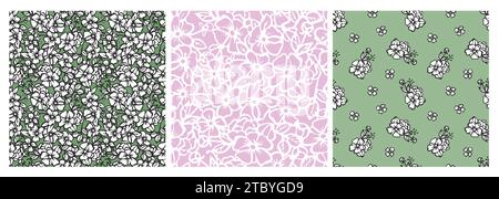 Floral seamless pattern set with garden flowers. Abstract design of leaves and flowers. Design of blossom and leaves made for fabric, textile or wallp Stock Vector