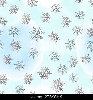Silver snowflake watercolor blue seamless pattern for textile or wallpapers Vector background for Christmas design. Stock Vector