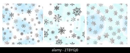 Silver snowflake watercolor blue seamless pattern set for textile or wallpapers Vector background for Christmas design. Stock Vector