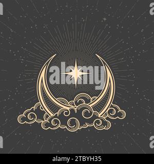 Mystic half-moon on clouds and guiding pole star, magic crescent in tarot style, esoteric and astrology symbol, vector Stock Vector