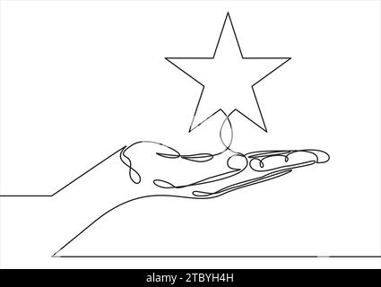 Man holds star on the palm of his hand, puts rating, reviews. continuous line. Stock Vector