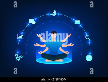 Business man meditating with multiple arms with icons representing multitasking. Work together efficiently. Vector illustration Stock Vector