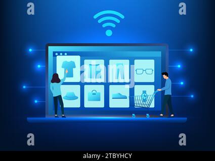 E-commerce industry Man and woman selecting products on laptop screen showing online ordering It is an opportunity to sell products via the internet a Stock Vector