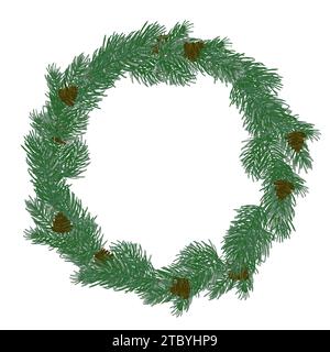 Christmas wreath with pine branch for card or invite. Vector hand drawn illustration, isolate on white background. Stock Vector