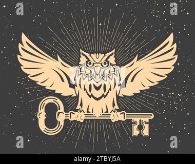 Mystic owl with key in claws, tarot wisdom and secret knowledge symbol, owl with spread wings, vector Stock Vector