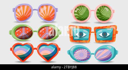 Groovy Sunglasses Set in Retro Hippie Style . Geometric Abstract Vector Eyewear in 1970s in Different Forms: Heart, Peace Symbol, Stars, Daisy Flowers Stock Vector