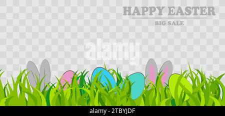 Easter eggs on grass with bunny rabbit ears set. Spring holidays in April. Sunday seasonal celebration with egg hunt Stock Vector