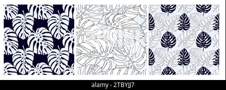 Monstera jungle leaves, floral seamless pattern set for fabric textile or wallpapers. Vector tropical jungle leaves modern background. Stock Vector