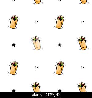 Hand drawn fast food shawarma, Doner Kebab, burrito, twister seamless pattern. Comic doodle sketch style. Vector Fast food illustration. Sketch of doner, burrito. Stock Vector