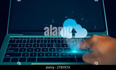 Human uses laptop for download and backup by digital cloud network technology, Cloud computing storage technology, Data storage platform, Business net Stock Photo