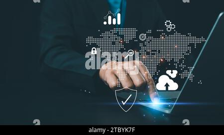 Cyber security and password login concept, Hands uses computer and entering username and password of data network, log in with laptop to digital infor Stock Photo