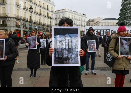 Madrid, Spain. 09th Dec, 2023. Activists hold placards during the rally. The animal association IGUALDAD ANIMAL has called a rally at Puerta del Sol in Madrid on the occasion of International Animal Rights Day to protest against the mistreatment of animals under the slogan 'right for animals.' Credit: SOPA Images Limited/Alamy Live News Stock Photo