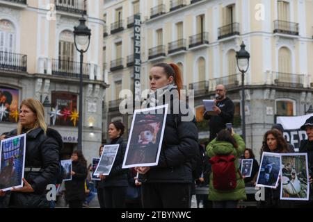 Madrid, Spain. 09th Dec, 2023. Activists hold placards during the rally. The animal association IGUALDAD ANIMAL has called a rally at Puerta del Sol in Madrid on the occasion of International Animal Rights Day to protest against the mistreatment of animals under the slogan 'right for animals.' Credit: SOPA Images Limited/Alamy Live News Stock Photo