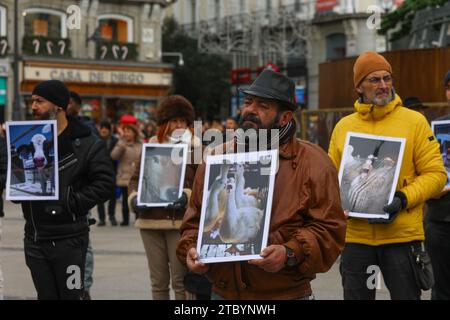 Madrid, Spain. 09th Dec, 2023. Activists hold placards during the rally. The animal association IGUALDAD ANIMAL has called a rally at Puerta del Sol in Madrid on the occasion of International Animal Rights Day to protest against the mistreatment of animals under the slogan 'right for animals.' Credit: SOPA Images Limited/Alamy Live News Stock Photo