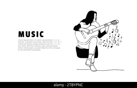 Music background with illustration woman playing acoustic guitar design Stock Vector