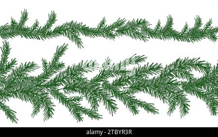 Watercolor seamless boarder with green pine branches. Sprig of pine hand drawn for wrapping paper, winter holiday decoration, banner, card or invite. Stock Vector