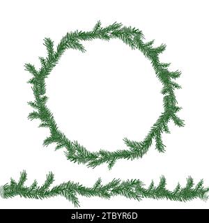 Watercolor circle wreath and seamless boarder with green pine branches. Sprig of pine hand drawn for wrapping paper, winter holiday decoration, banner Stock Vector