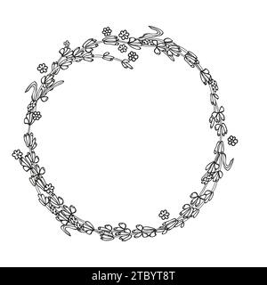 Lavender flower circle wreath frame for design of card or invite. Vector black ink hand drawn summer flower illustration, isolate on white background. Stock Vector