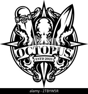Aggressive Octopus Holding a Skateboard and a Surfboard with its tentacles. Stock Vector