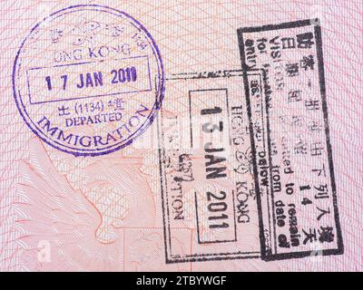 Border stamp in the passport when crossing the state border with Hong Kong. Stock Photo