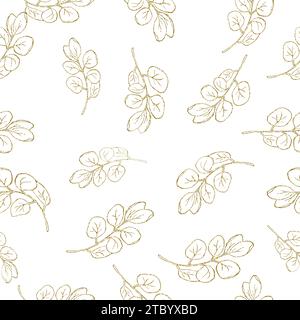 Greenery golden line art leaves, hand drawn simple floral seamless pattern, pastel color. Vector background for prints, textile fabric, wallpapers,scr Stock Vector