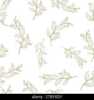Greenery golden line art leaves, hand drawn simple floral seamless pattern, pastel color. Vector background for prints, textile fabric, wallpapers,scr Stock Vector