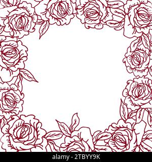 Delicate rose flower, line art hand drawn frame for surface design of card or invite. Roses flower line art background vector. Natural botanical elega Stock Vector