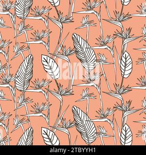 Bird of paradise flower, line art tropical strelitzia floral seamless pattern black and white and orange color. Vector background for prints, fabric, Stock Vector