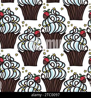 Sweet cake seamless pattern with desserts . Muffin, pudding, cake with strawberry fruit. Hand drawn vector illustration for surface design, textile, f Stock Vector