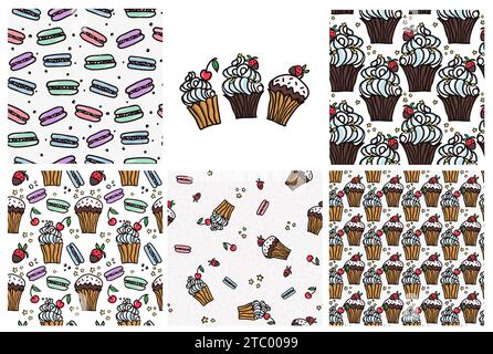 Sweet cake seamless pattern set with desserts . Macaroon, muffin, pudding, cake with cherry and strawberry fruit. Hand drawn vector illustration for t Stock Vector