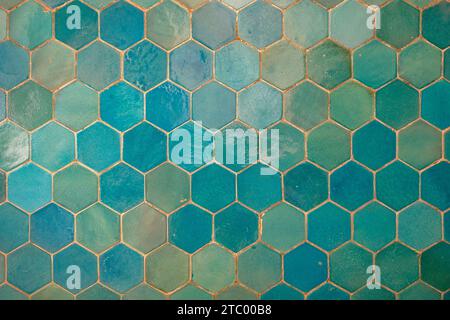 Blue tiles background. Blue hexagonal tile wall. Stock Photo