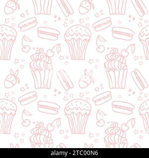 Sweet cake pastel seamless pattern with desserts. Macaroon, muffin, pudding, cake with cherry and strawberry fruit. Hand drawn vector background for t Stock Vector