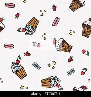 Sweet cake seamless pattern with desserts . Macaroon, muffin, pudding, cake with cherry and strawberry fruit. Hand drawn vector illustration backgroun Stock Vector