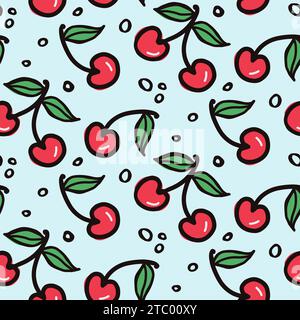 Cherry and strawberry fruit seamless pattern. Summer berries, fruits with leaves, vector background. Hand drawn doodle illustration for cover, fabric, Stock Vector
