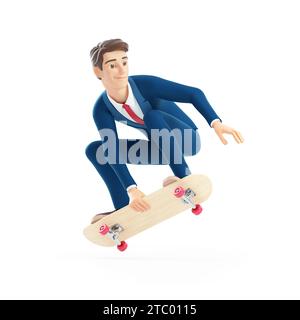 3d cartoon businessman jumping on skateboard Stock Photo