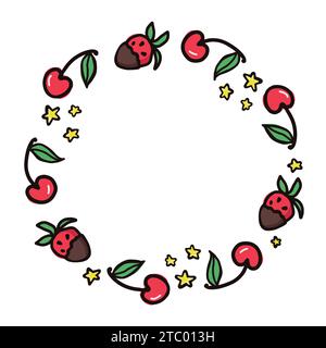 Cherry and strawberry fruit wreath. Summer berries, fruits with leaves, vector background. Hand drawn doodle illustration for card, scrapbook, backdro Stock Vector
