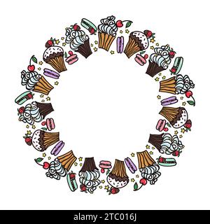 Sweet cake vector circle frame with desserts. Macaroon, muffin, pudding, cake with cherry and strawberry fruit. Hand drawn doodle vector illustration Stock Vector