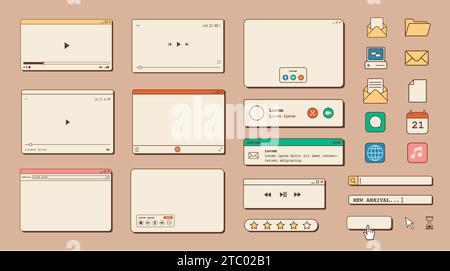 Big set of retro vaporwave desktop browser and dialog window templates. 80s 90s old computer user interface elements and vintage aesthetic icons. Nost Stock Vector