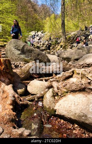 Lautertal, Germany - April 24, 2021: Rocks on a hill at Felsenmeer, Sea of Rocks, on a spring day in Germany. Stock Photo