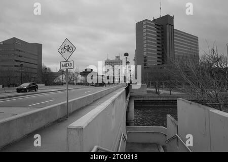 Flint River overpass walkway in downtown Flint Michigan USA Stock Photo