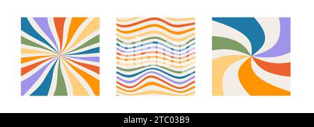 Set twisted gingham checkerboard, sun ray and wave background in rainbow color. Groovy hippie multicolored pride poster template. Retro wavy 60s 70s a Stock Vector