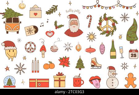 Merry Christmas and happy New Year vector collection in 60s 70s retro style. Groovy winter holiday elements. Sticker pack with positive hippie xmas ic Stock Vector
