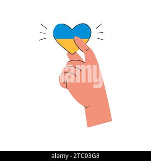 Hand holding holding Ukrainian national blue and yellow flag in heart shape. Ukraine invasion. No to war in Ukraine. Antiwar concept. Vector illustrat Stock Vector
