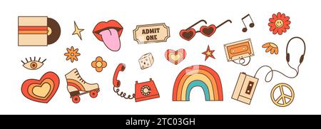 Retro set of stickers with 70s 80s style elements. Old fashioned roller skate, vintage camper van, bus and music devices. Hippie outline color icons. Stock Vector