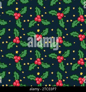 Seamless pattern with Christmas botanical greenery plants. Endless texture for gift wrap, wallpaper, web banner, wrapping paper and fabric. Vector hol Stock Vector