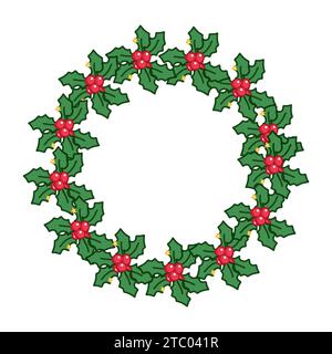 Christmas botanical greenery plants circle wreath. Endless texture for gift tag, card or invitations, web banner, scrapbook Vector holiday red and gre Stock Vector
