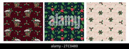 Seamless pattern set with Christmas botanical greenery plants. Endless texture for gift wrap, wallpaper, web banner, wrapping paper and fabric. Vector Stock Vector