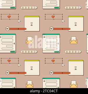 Old computer aesthetic seamless pattern. 1980s 1990s nostalgia background with retro screen panel with user interface elements. Chat window with butto Stock Vector
